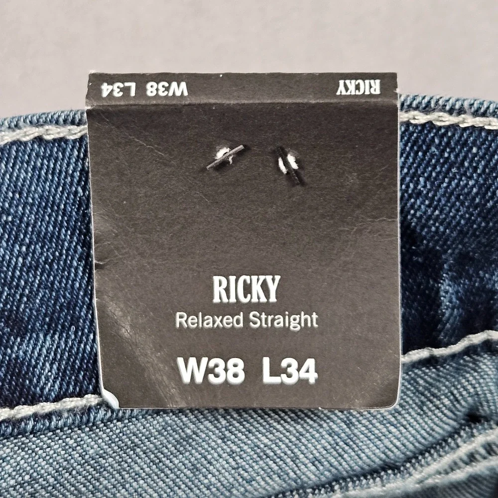 NEW True Religion Ricky Relaxed Straight Jeans Mens 38x34 Dark Wash Flap Pockets